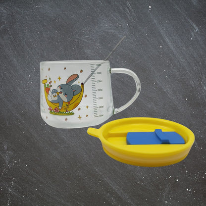 1213- Milk Mug with Silicone Straw Lid and Spoon Cartoon Printed Glass with Scale for Kids Boys