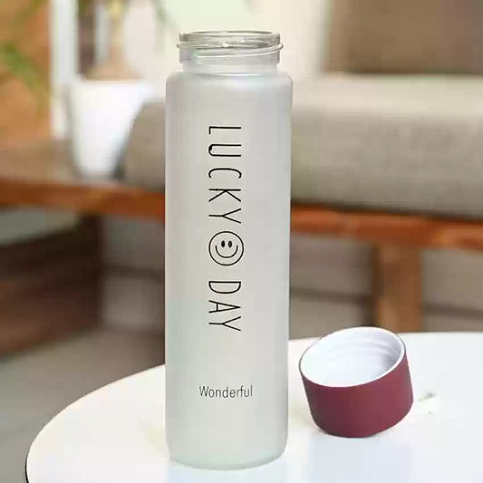 Lucky Day Glass Water Bottle 350 ML For Summer (Clear & Matte Finish)