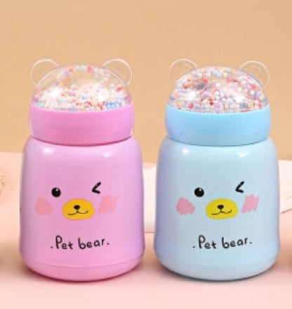 1211- Penguin cup with lid | Bear print glass bottle For Kids