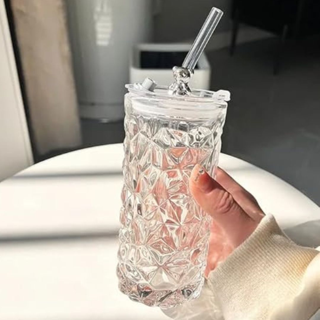 1377- Bear Shape Drink Glass Cup with Straw Creative Cute Juice Drinking Transparent Cup Tumbler 350Ml