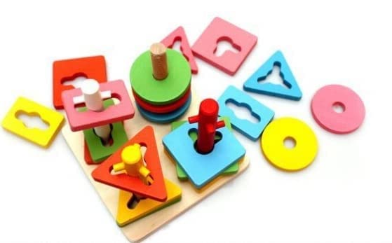 1002- Wooden 4 Shape Sorting & Stacking Toys for Toddlers, Montessori Color Recognition Stacker, Early Educational Blocks