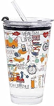 1212- Printed Tumbler Glass Water Cup Milk Cup Leakage-Proof Random Print Mug with Handle Scale Silicone Straw