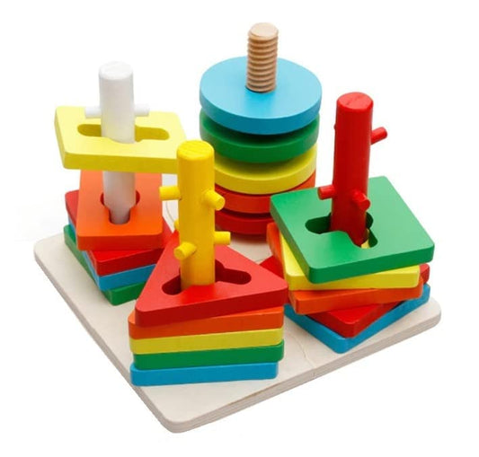 1002- Wooden 4 Shape Sorting & Stacking Toys for Toddlers, Montessori Color Recognition Stacker, Early Educational Blocks