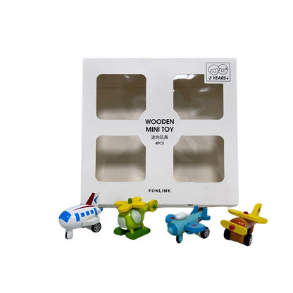 1527- Pack of 4 Aeroplane Wooden Toy Airliner Helicopter Fighter Plane