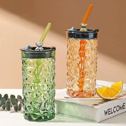 1377- Bear Shape Drink Glass Cup with Straw Creative Cute Juice Drinking Transparent Cup Tumbler 350Ml