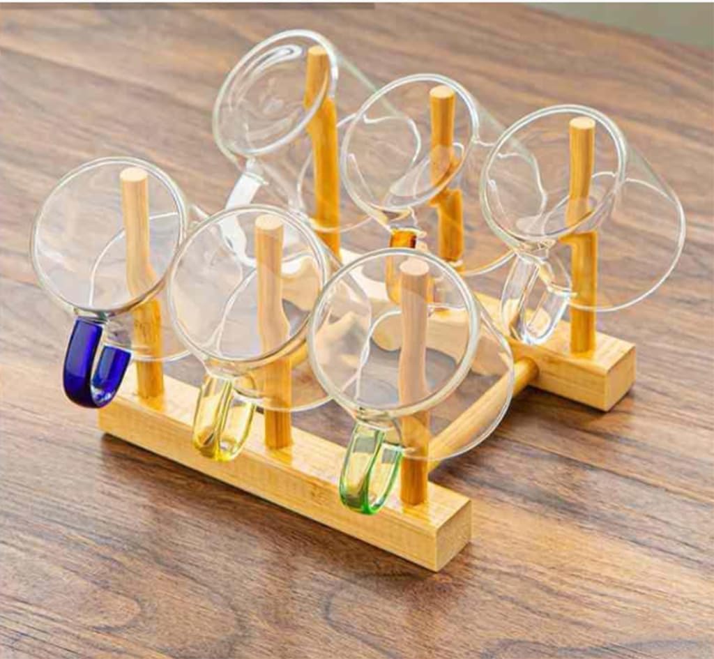 1106- Small Tea Cup of Glass 6 Pcs Clear Cup with wooden stand | Solid Cup, Household Thickened Heat Resistant