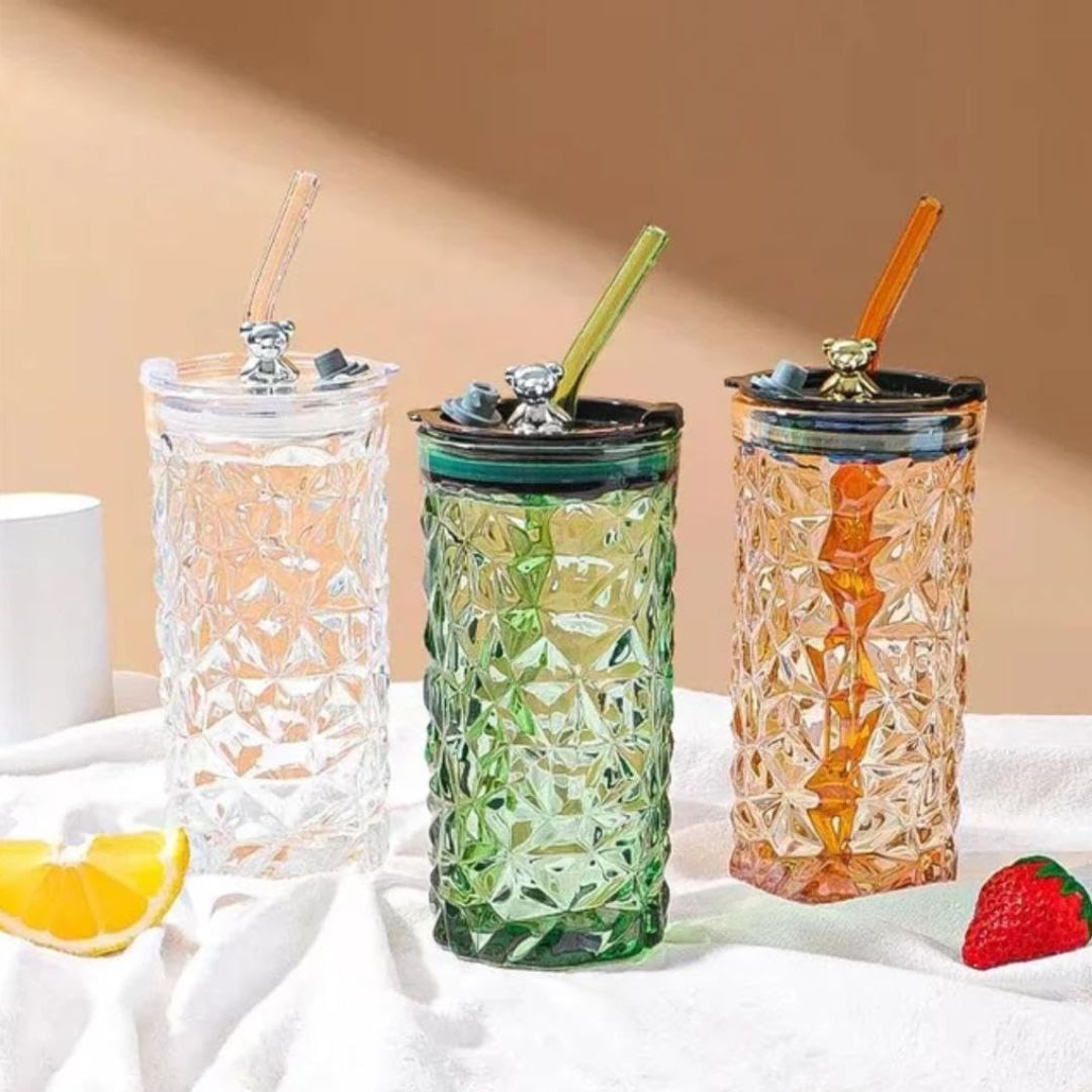 1377- Bear Shape Drink Glass Cup with Straw Creative Cute Juice Drinking Transparent Cup Tumbler 350Ml