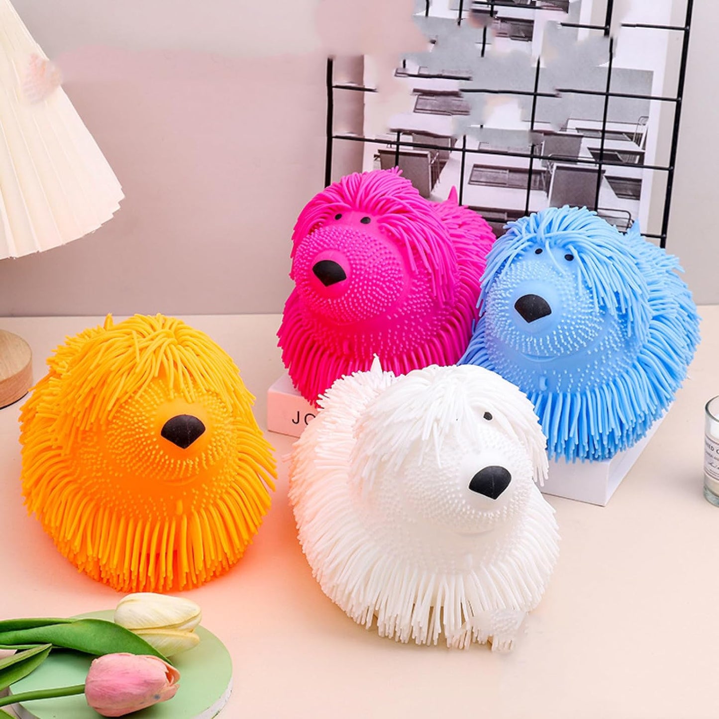 1421- 9" LIGHT UP LONG HAIR PUFFER DOG (1Pcs) (Multicolour)