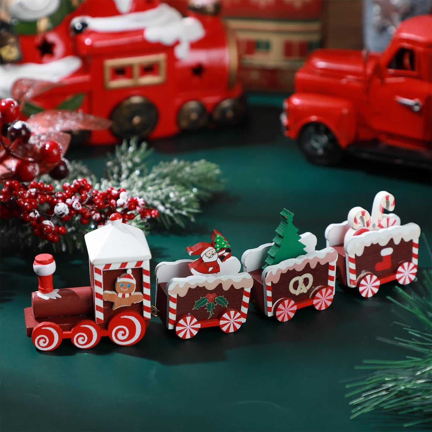 1513- Wooden Train Toy Christmas Train Painted Wooden Christmas Decoration Mini Christmas Tree Train Christmas Decorations Wood Train Decor for Xmas