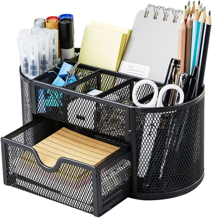 1269- 9 Compartments with Mini Sliding Drawer Large Capacity High Storage Metal Mesh Desk Organizer