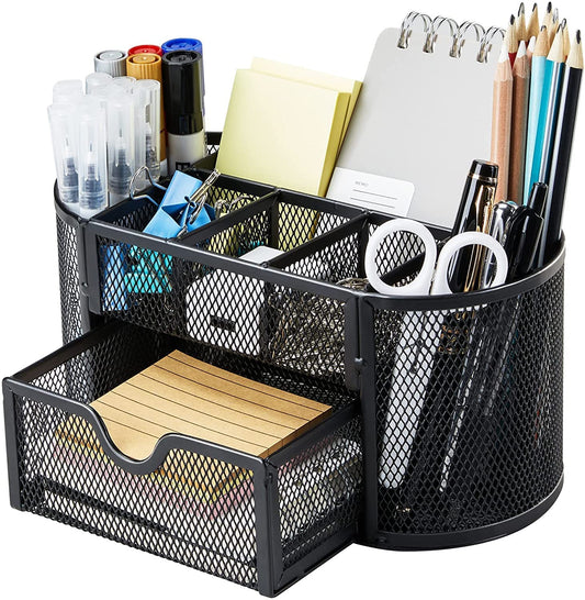 9 Compartments with Mini Sliding Drawer Large Capacity High Storage Metal Mesh Desk Organizer