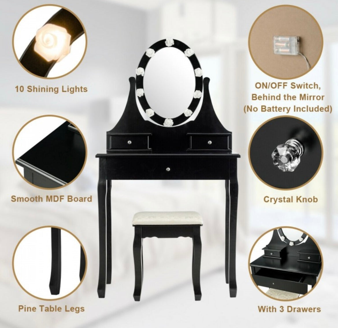 1758- MDF Dressing Table With Flower Light White