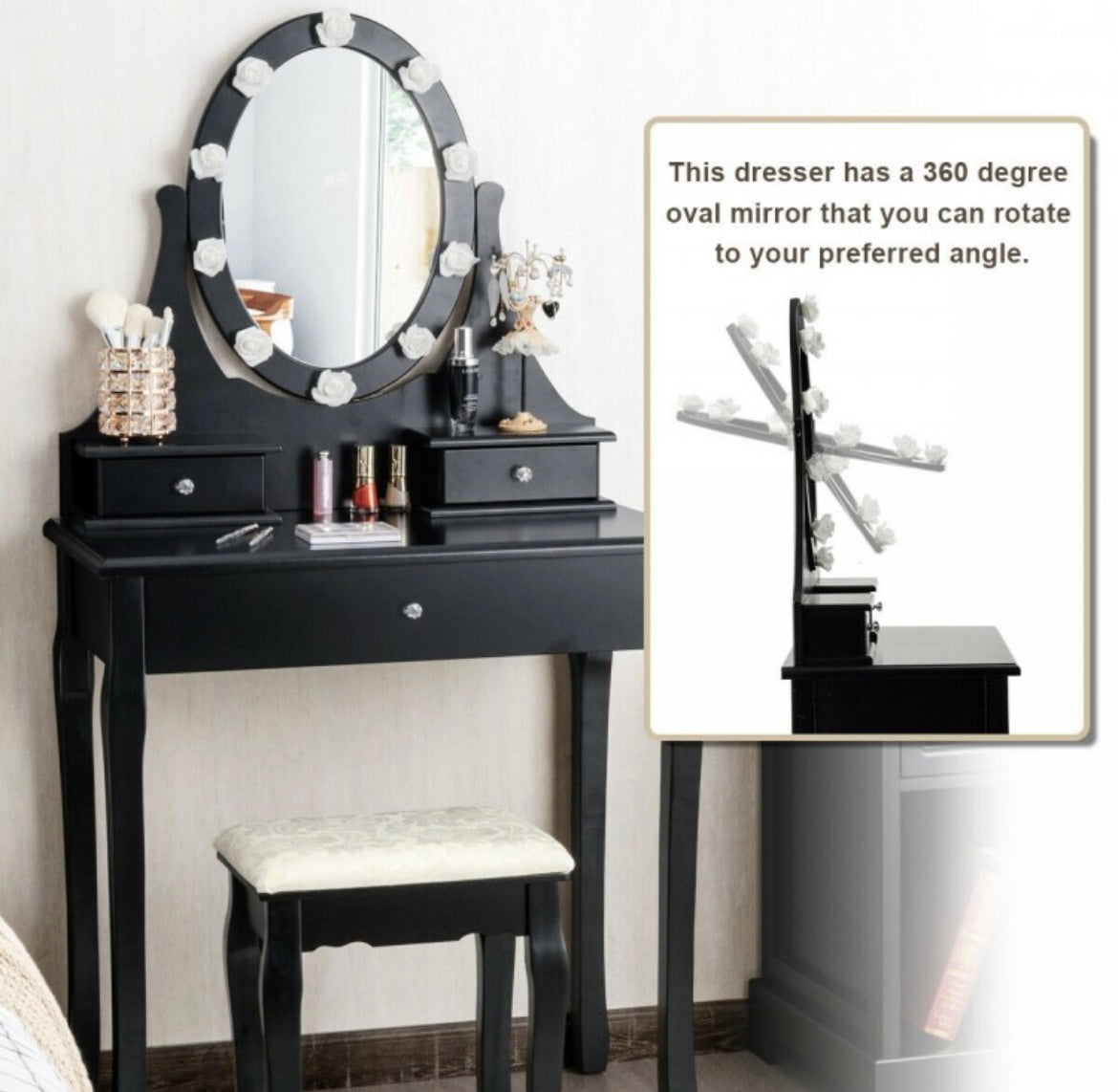 1758- MDF Dressing Table With Flower Light White