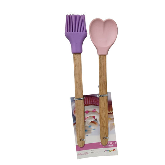 1300- Wooden silicon Spatula and brush set pack of 2