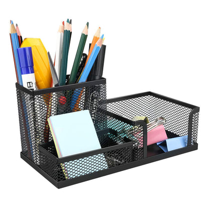 1268- 3 Compartment Mesh Pen-Pencil Stationary Tool Holder/Business Card Holder & Desk Organizer -Black