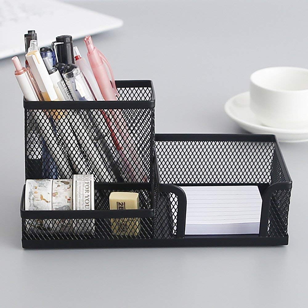 1268- 3 Compartment Mesh Pen-Pencil Stationary Tool Holder/Business Card Holder & Desk Organizer -Black