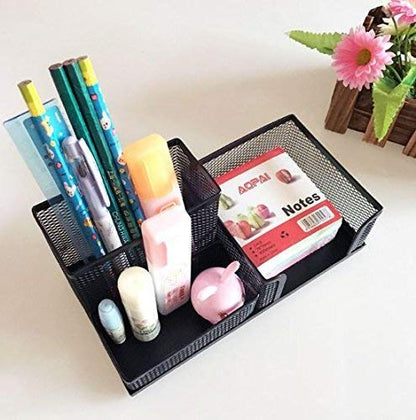 1268- 3 Compartment Mesh Pen-Pencil Stationary Tool Holder/Business Card Holder & Desk Organizer -Black